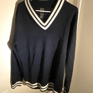 H&M V-Neck Stripe Printed Long Sleeve Navy Blue Pullover Sweater Women’s Medium